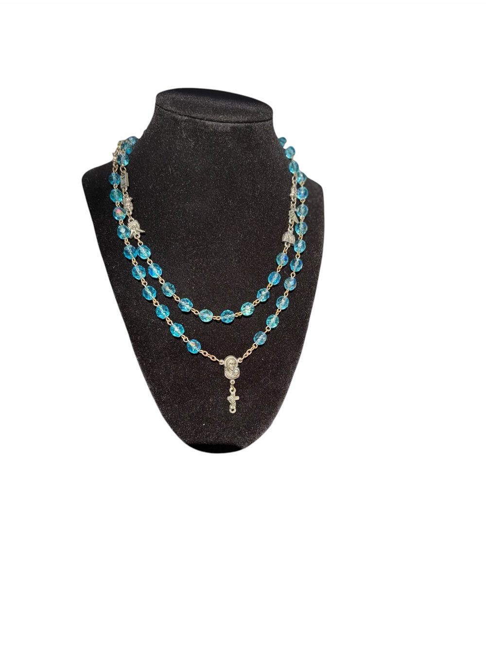 Vintage Stations of the Cross Rosary Necklace Blue Crystal Chaplet